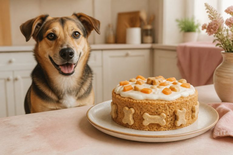 Pas pored rođendanske torte pripremljene od sastojaka prilagođenih psima