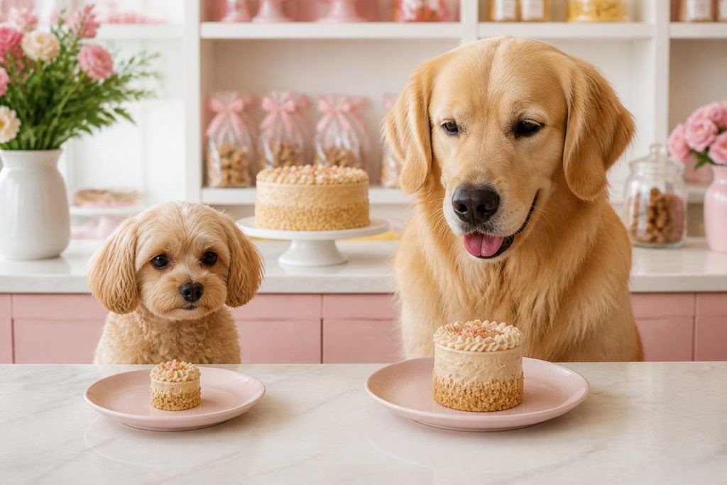Mali i veliki pas sa porcijama torte prilagođenim njihovoj veličini